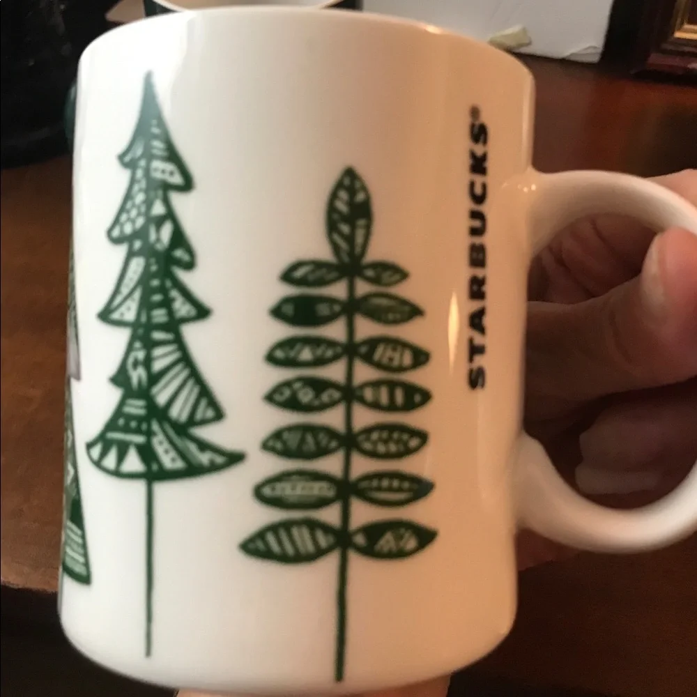 Set of Two Starbucks Christmas Mugs Green with Gold Trees White with Green Trees